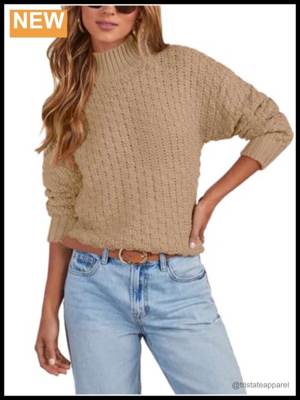100% Acrylic Chunky Knit Pullover Mock Neck Long Sleeve Sweater